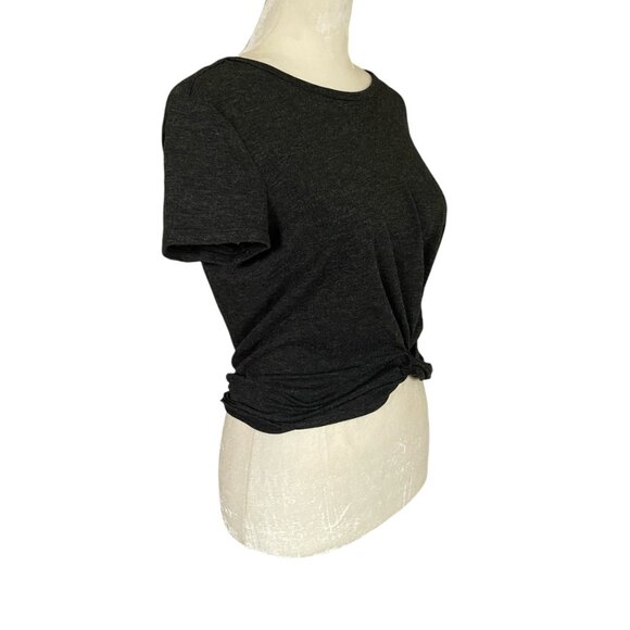 Women's black heather crewneck short sleeve stretchy soft tie front crop top - Picture 2 of 5